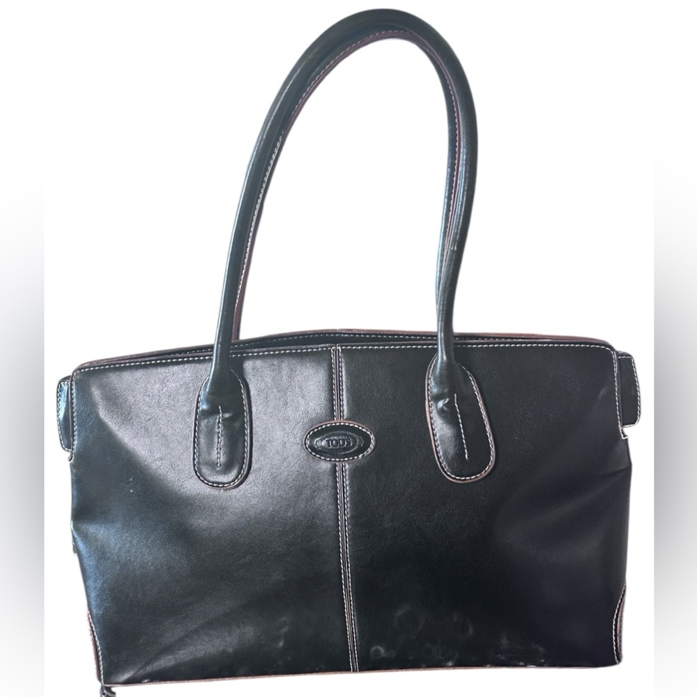 Tod's Black Leather Tote with White Contrast Stitching